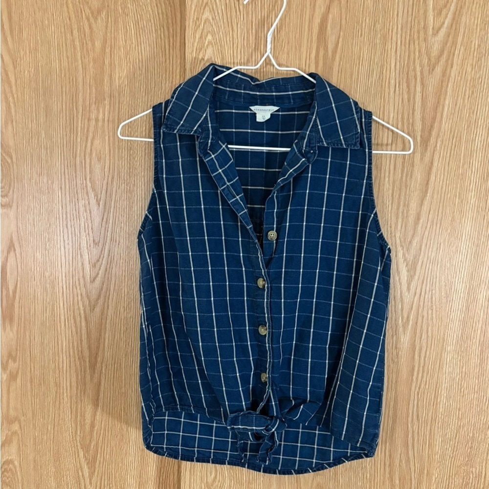 Aeropostale Blue Plaid 100% Cotton Sleeveless Front Tie Cropped Button Down Top
